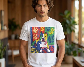 Amstaff T-shirt in Matisse style. Artistic dog motif for dog lovers.