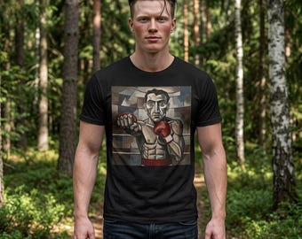 Boxer T-shirt in Picasso style, Cubism, sports design, abstract boxing art