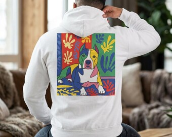 Amstaff art hoodie in Matisse style, back print with Arabic Tayfun Relug lettering