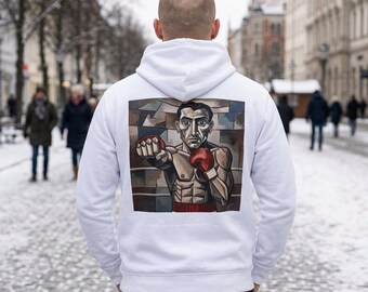 Boxer hoodie in the style of Pablo Picasso. Artistic back print with Arabic Tayfun Relug.