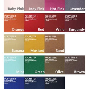 K&ouml;nnte beinhalten: Eine Farbkarte mit verschiedenen Farbt&ouml;nen von Polyestergewebe. Farben sind Creme, Eierschale, Beige, Etoupe, Babyrosa, Indy-Rosa, Hot Pink, Lavendel, Orange, Rot, Weinrot, Burgunder, Banane, Senf, Sand, Mint, Gr&uuml;n, Olive, Braun, Blau, Marine, Dunkelmarine, Wolke, Grau, Dunkelgrau und Schwarz.