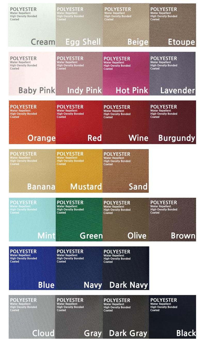 K&ouml;nnte beinhalten: Eine Farbkarte mit verschiedenen Farbt&ouml;nen von Polyestergewebe. Farben sind Creme, Eierschale, Beige, Etoupe, Babyrosa, Indy-Rosa, Hot Pink, Lavendel, Orange, Rot, Weinrot, Burgunder, Banane, Senf, Sand, Mint, Gr&uuml;n, Olive, Braun, Blau, Marine, Dunkelmarine, Wolke, Grau, Dunkelgrau und Schwarz.