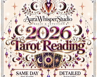 Puede incluir: Un diseño gráfico con el texto AuraWhisperStudio MAGIC & INTUITION 2026 Tarot Reading, SAME DAY DELIVERY y DETAILED INSIGHTS. La imagen incluye tres cartas de tarot, lunas crecientes, estrellas y detalles de cristales morados sobre fondo crema.