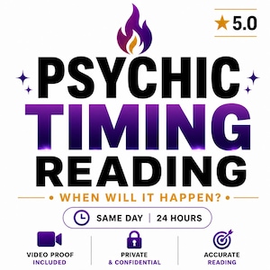 Könnte beinhalten: Grafik mit dem Text "PSYCHIC TIMING READING" in Schwarz und Lila. Enthält die Sätze "WHEN WILL IT HAPPEN?", "SAME DAY", "24 HOURS", "VIDEO PROOF INCLUDED", "PRIVATE & CONFIDENTIAL" und "ACCURATE READING". Oben befindet sich eine Flammen-Grafik.