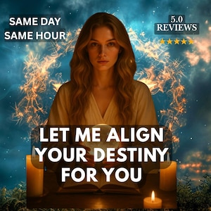 Puede incluir: Imagen de una mujer de pelo largo, centrada contra un fondo celestial. El texto dice "LET ME ALIGN YOUR DESTINY FOR YOU", con texto adicional que indica "SAME DAY SAME HOUR" y "5.0 REVIEWS".