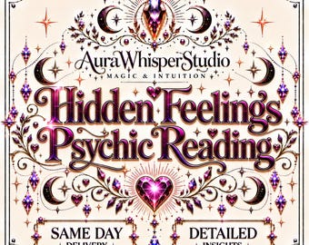 May include: A graphic design featuring the text AuraWhisperStudio MAGIC & INTUITION, Hidden Feelings Psychic Reading, SAME DAY DELIVERY, and DETAILED INSIGHTS. The design includes purple and pink crystal motifs, hearts, stars, and crescent moons.