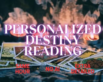 Op de afbeelding: Een verzameling tarotkaarten verspreid over een donker oppervlak met brandende kaarsen op de achtergrond. De tekst luidt PERSONALIZED DESTINY READING, SAME HOUR, NO AI en EXTRA DETAILED in witte en rode letters over de afbeelding.