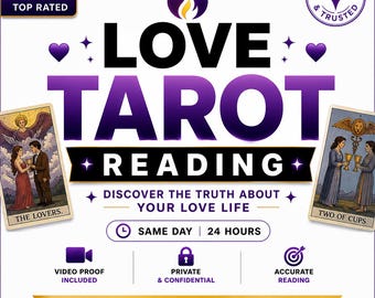 May include: A promotional graphic for a love tarot reading service. The design features the words "LOVE TAROT READING" in large, purple letters, with the text "DISCOVER THE TRUTH ABOUT YOUR LOVE LIFE" below. The image includes tarot cards and icons.