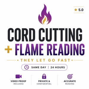 Puede incluir: Imagen con texto: "CORD CUTTING + FLAME READING." Incluye un icono de llama púrpura e iconos para prueba de video, privacidad y lectura precisa. El texto también dice "THEY LET GO FAST" y "SAME DAY | 24 HOURS."