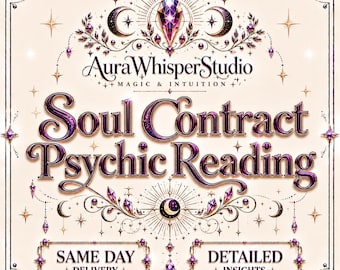 May include: A square graphic with a cream background featuring the text AuraWhisperStudio MAGIC & INTUITION, Soul Contract Psychic Reading, SAME DAY DELIVERY, and DETAILED INSIGHTS. The design includes purple crystals, stars, and crescent moons.
