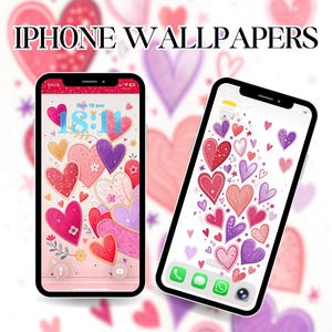 Puede incluir: Dos iPhones que muestran fondos de pantalla con temática de corazones. Los teléfonos son negros con pantallas blancas, mostrando diseños de corazones rosas, rojos y morados. El fondo presenta un patrón borroso de corazones. El texto en la parte superior dice "IPHONE WALLPAPERS".
