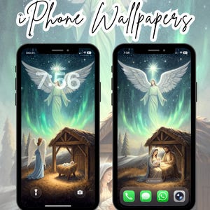 Peut inclure: Deux smartphones affichant des fonds d'écran iPhone sur le thème des anges. Les fonds d'écran présentent des illustrations d'anges, une scène de la Nativité et le texte "iPhone Wallpapers". L'arrière-plan montre une figure d'ange plus grande.