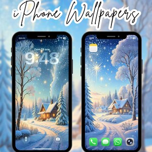Op de afbeelding: Twee zwarte iPhones met winterlandschap wallpapers met besneeuwde huizen en bomen. De tekst "iPhone Wallpapers" staat boven de telefoons. Eén telefoon toont de tijd als 9:48 en de datum Dom 25 ene.