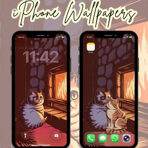 May include: Two iPhone screens displaying cat-themed wallpapers. One shows a cat by a fireplace, the other shows two cats cuddling. The text "iPhone Wallpapers" is at the top. The time 11:42 is displayed on both screens.