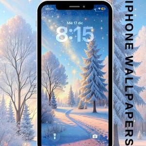 May include: A smartphone displays a winter landscape wallpaper with snow-covered trees and a winding path. The screen shows the date and time, with the words "iPhone Wallpapers" on the side. The scene is set under a starry sky.