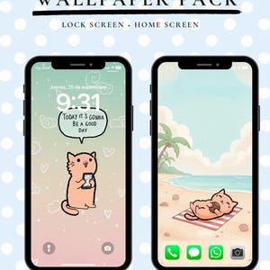 Puede incluir: Un paquete de fondos de pantalla digitales para teléfonos móviles con dos diseños. Uno muestra un gato color melocotón con un teléfono y el texto Today it's gonna be a good day. El otro muestra un gato relajándose en una toalla de playa.