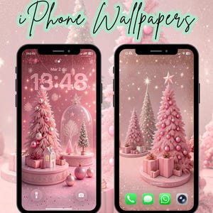 Puede incluir: Dos iPhones que muestran fondos de pantalla rosas de árboles de Navidad con regalos y adornos. El texto "iPhone Wallpapers" está escrito en cursiva encima de los teléfonos. Un reloj muestra las 13:48.