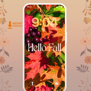 Puede incluir: Un teléfono inteligente que muestra un fondo de pantalla con temática otoñal con hojas de arce rojas y naranjas vibrantes y bayas de color púrpura oscuro. La pantalla muestra la hora 9:04, la fecha Mie 30 sept y el texto Hello Fall.