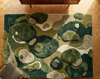 Abstract Moss Green Hand Tufted Rug, Organic Sculpted Texture Area Rug, Modern Contemporary Statement Carpet