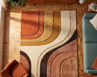 Mid Century Modern Abstract Area Rug, Hand Tufted Plush Retro Living Room Rug in Terracotta Mustard Cream, Geometric Home Decor