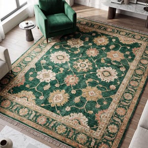Hand knotted green floral rug carpet in Oushak Persian style placed in modern living room with neutral furniture and wood flooring