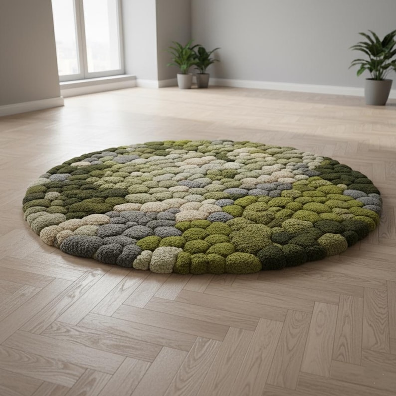 May include: A round rug with a textured surface, featuring a pattern of green, gray, and beige tufts. The rug is placed on a light-colored wooden floor, creating a natural and organic aesthetic. The rug's diameter is approximately 60 inches.