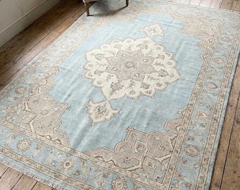 Tappeto Oushak annodato a mano, tappeto in lana blu e beige tenui, tappeto turco in stile vintage, grande arredamento per soggiorno in stile fattoria costiera, 8x10