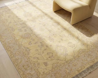 Tappeto Oushak annodato a mano, tappeto vintage floreale giallo per l'arredamento del soggiorno