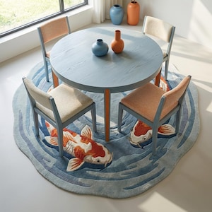 May include: A round dining table with four chairs and a koi fish rug. The table and chairs have a light blue and orange color scheme. The rug is blue with a koi fish design in orange, white, and black.