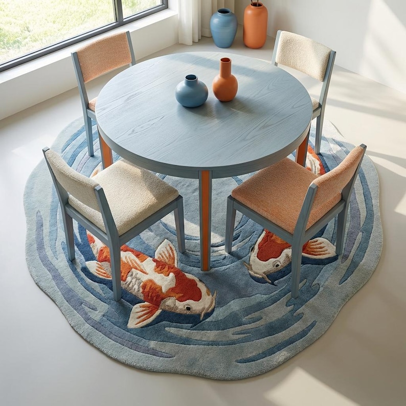 May include: A round dining table with four chairs and a koi fish rug. The table and chairs have a light blue and orange color scheme. The rug is blue with a koi fish design in orange, white, and black.