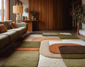 Mid Century Modern Skulptur Geometrischer Teppich, Neutraler Abstrakter Wohnzimmerteppich