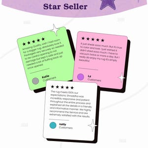 May include: A graphic promoting an Etsy Star Seller. The image features customer reviews on colorful cards with star ratings. The text includes phrases like "Amazing Quality" and "The rug meets 100% our expectations."
