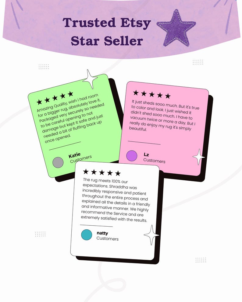 May include: A graphic promoting an Etsy Star Seller. The image features customer reviews on colorful cards with star ratings. The text includes phrases like "Amazing Quality" and "The rug meets 100% our expectations."