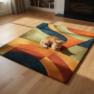 Retro curved pattern rug with orange, olive, and navy tones