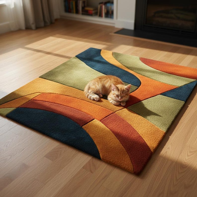 Retro curved pattern rug with orange, olive, and navy tones