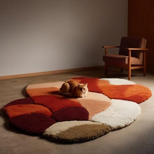 Puede incluir: Una alfombra abstracta multicolor con un diseño de patchwork en tonos naranja, rojo, beige y marrón. Un gato jengibre descansa sobre la alfombra. La alfombra está sobre un suelo de madera, con una silla de madera al fondo.