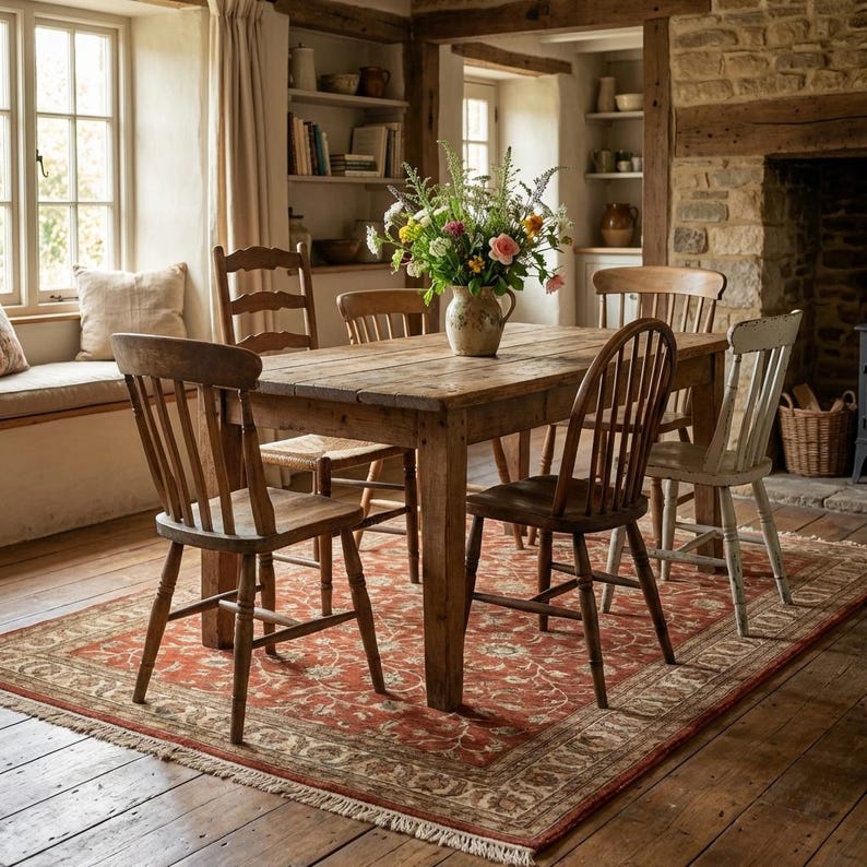 May include: A rustic dining room scene featuring a wooden table surrounded by six wooden chairs. A floral arrangement sits in a vase on the table. A red patterned rug covers the floor, and the room has a warm, inviting atmosphere.