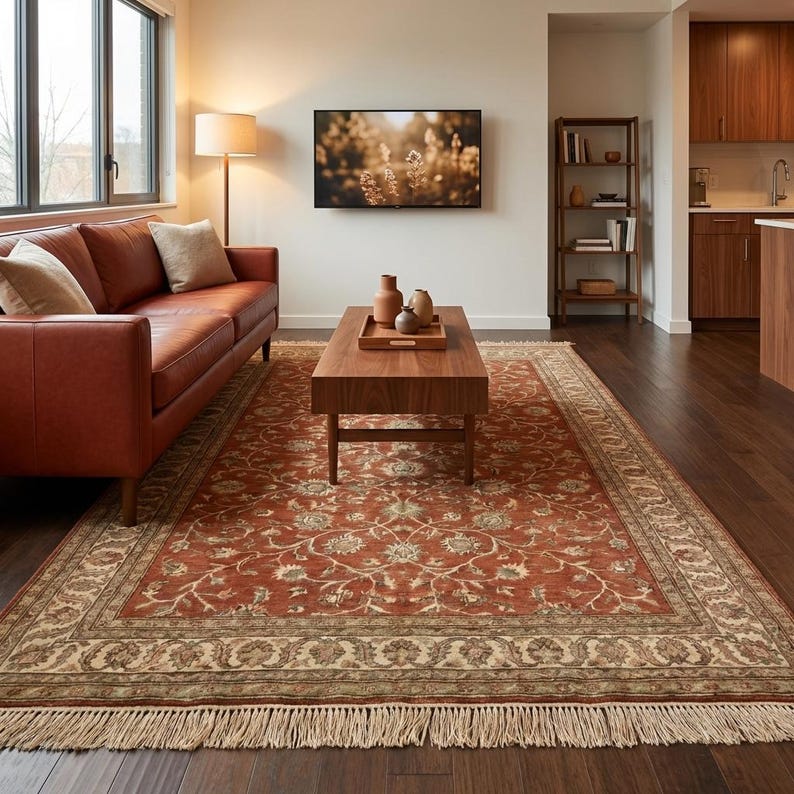Classic oriental hand knotted rug styled with wooden furniture and warm lighting for cozy home decor
