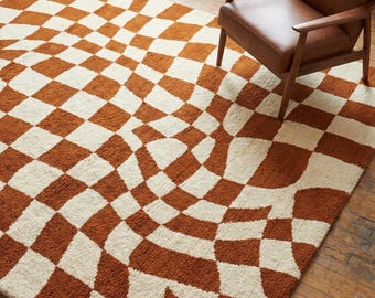 Tappeto moderno a scacchiera ondulato, decorazione geometrica retrò