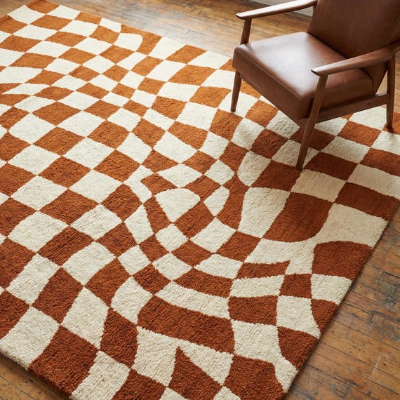 Modern Checkerboard Wavy Tufted Rug, Retro Geometric Area Decor