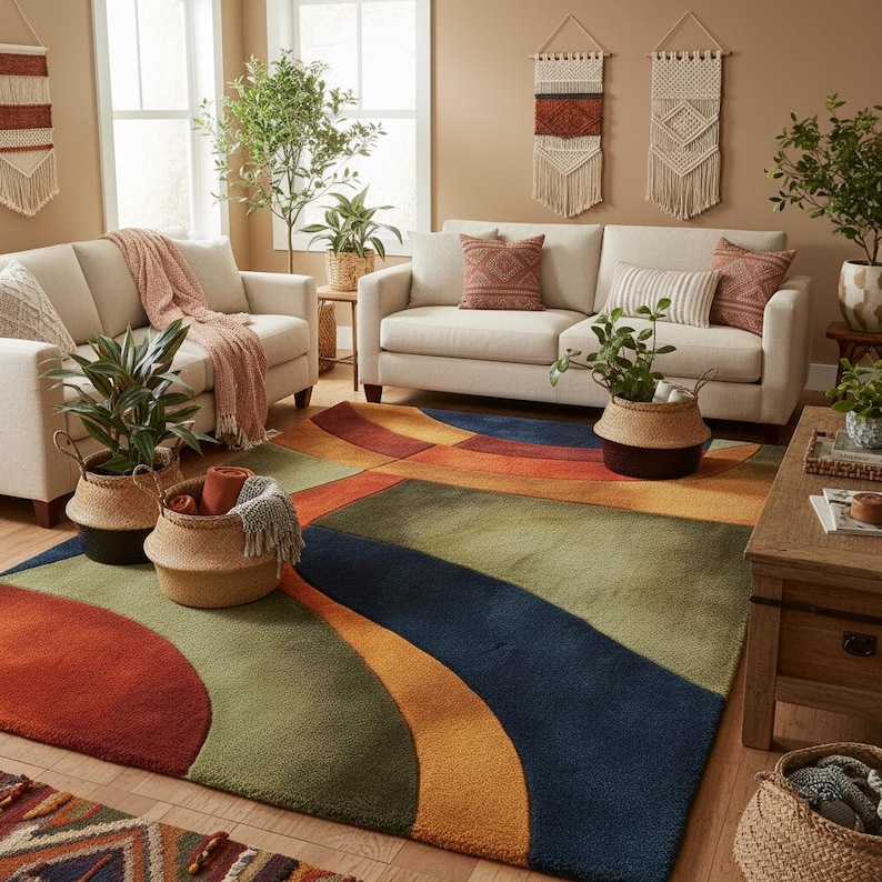 Mid Century Wavy Abstract Rug, Retro Geometric Pattern Carpet image 5