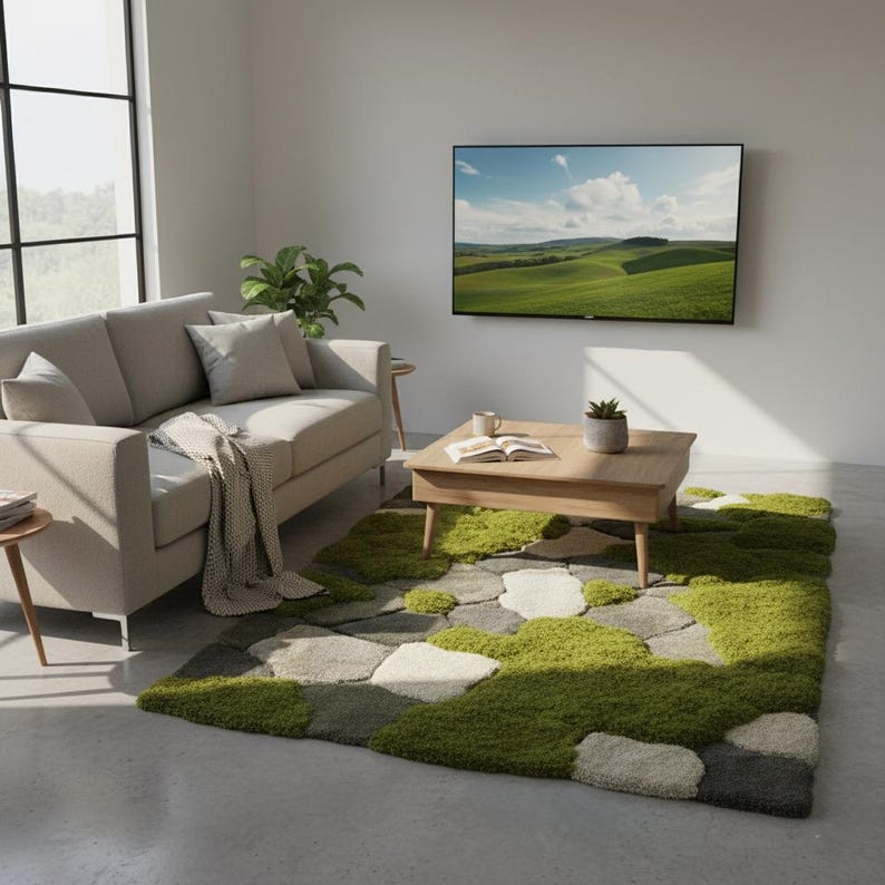 Contemporary interior featuring green textured tufted area rug