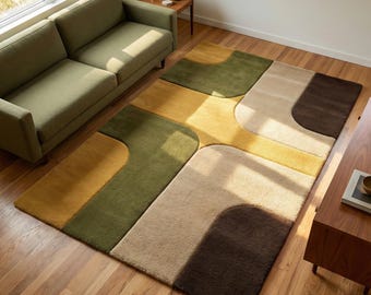 Alfombra geométrica moderna de mediados de siglo, alfombra retro con bloques de color para sala de estar