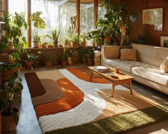Abstract Mid Century Modern Rug, Retro Earth Tone Geometric Area Carpet