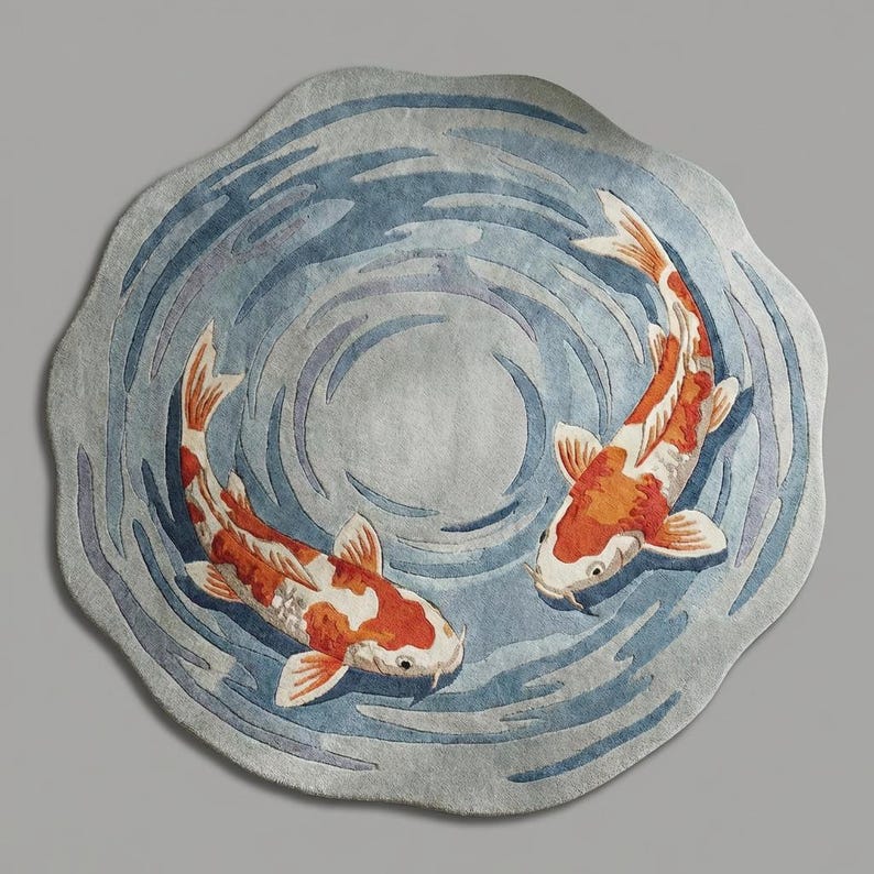 Modern round koi fish rug placed in living room under curved sofa