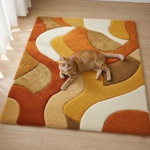 May include: A retro-style area rug with a wavy pattern in shades of orange, yellow, brown, and cream. A ginger cat is lying on the rug, adding a touch of warmth and comfort. The rug's design evokes a vintage aesthetic.