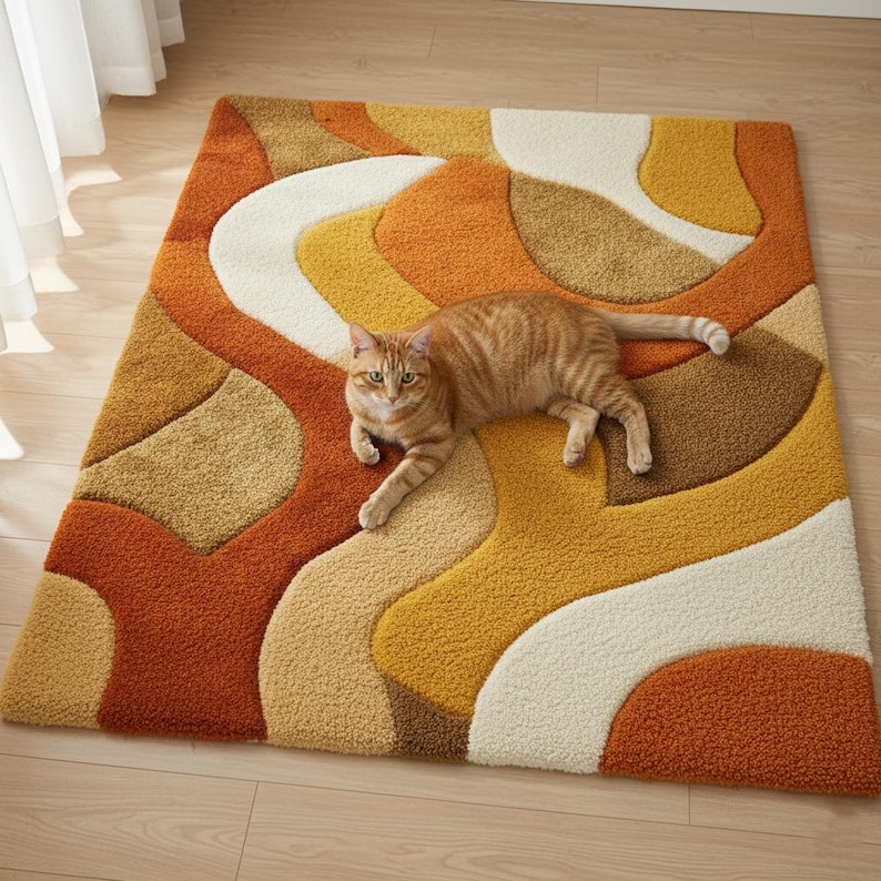 May include: A retro-style area rug with a wavy pattern in shades of orange, yellow, brown, and cream. A ginger cat is lying on the rug, adding a touch of warmth and comfort. The rug's design evokes a vintage aesthetic.
