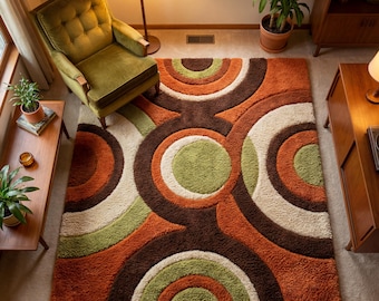 Tappeto geometrico retrò trapuntato arancione e verde con cerchi, tappeto moderno di metà secolo.