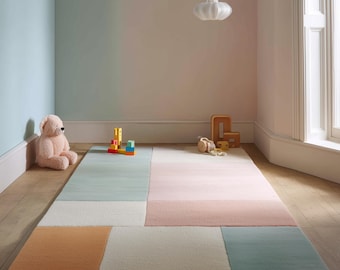 Pastel Color Block Rug | Modern Nursery Carpet | Minimalist Kids Room Decor | Handmade Wool Area Rug | Soft Playroom Mat | Montessori Style