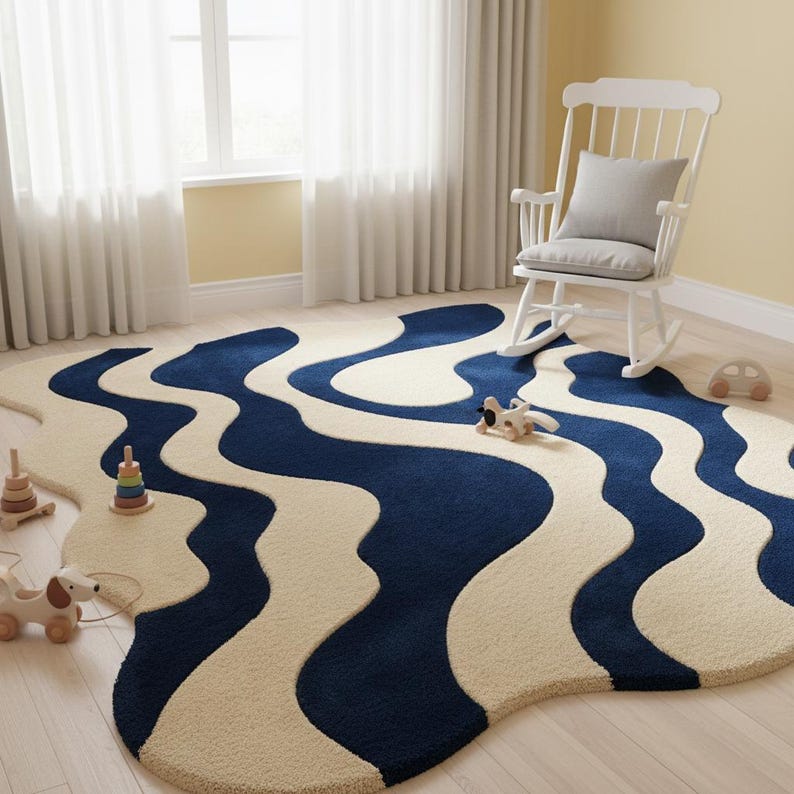 Retro-inspired wavy carpet with irregular edges and bold color contrast, enhancing a mid-century modern interior.
